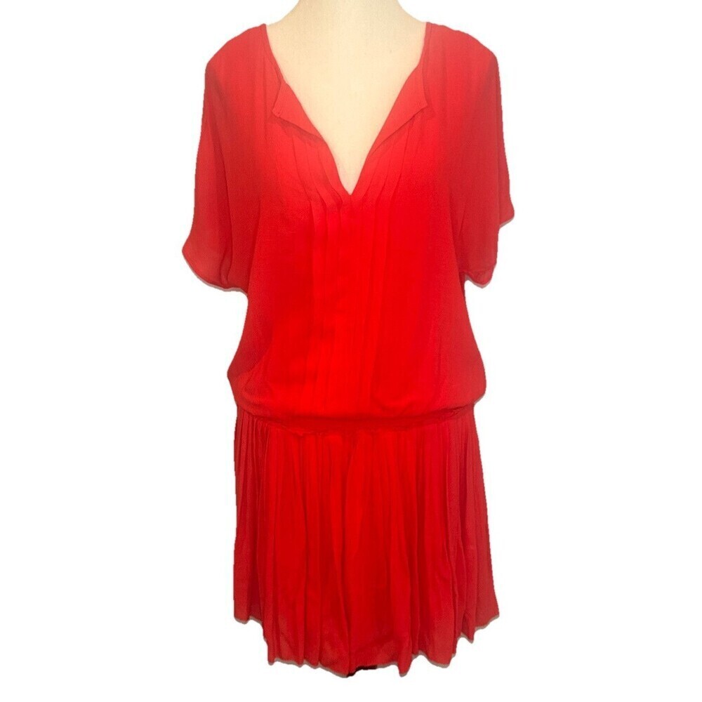 Joie Coral Bryton Pleated Blouson V-Neck Mini Dress Feminine Flattering Sz S‎